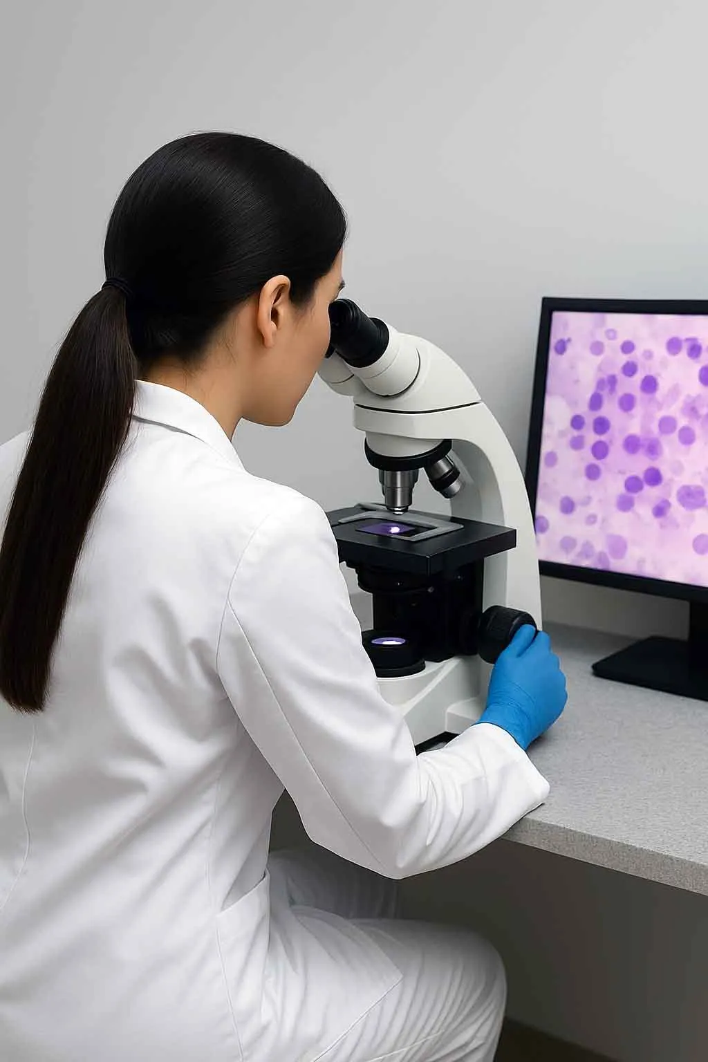 Profesional veterinaria observando al microscopio una muestra de citología junto a la imagen ampliada de las células en pantalla