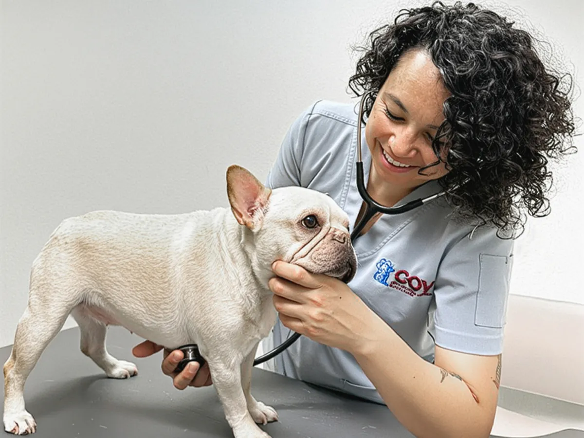 Oncóloga veterinaria de COV Guadalajara revisando con el estetoscopio a un bulldog francés